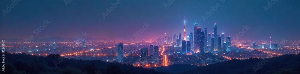 Fototapeta premium Futuristic cityscape at night, glowing energy towers reaching for the sky, representing sustainable and advanced power sources of tomorrow , renewable, urban