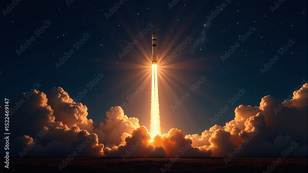 Fototapeta premium Rocket Launching Through Clouds at Night