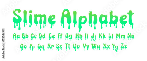 Green slime vector alphabet. Halloween creepy melt font. Playful melting letters. Hazardous typography. Dripping Halloween text in bright green color. Funky fluid graffiti paint font. Liquid 3d ABC