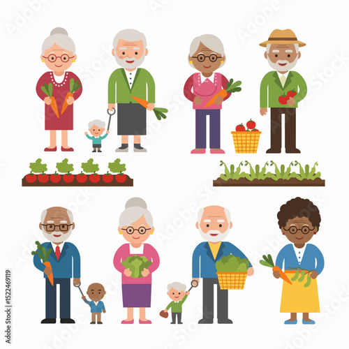 Gardening grandparents with grandchildren and fresh harvest
