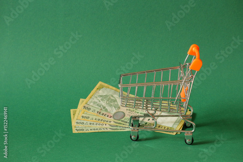 Shopping cart with Nepalese banknotes on green background, money and commerce concept