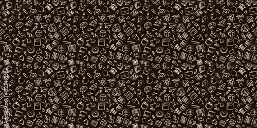 Education and school pattern hand drawn school supplies on black background. Vector Illustration