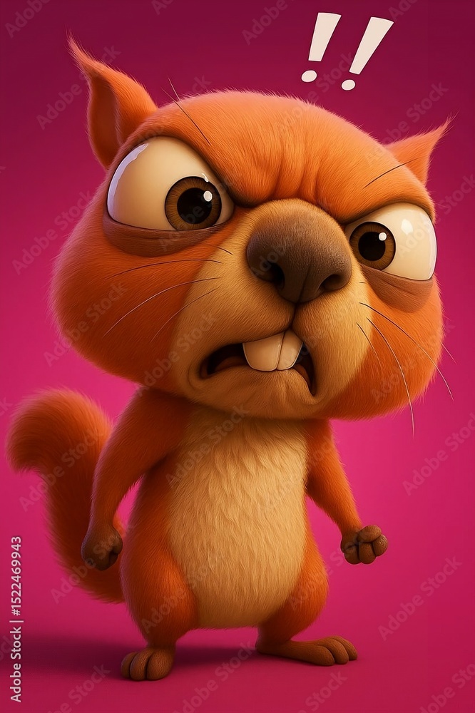 Fototapeta premium Angry Cartoon Squirrel with Comical Expression Standing Against Pink Background, 3D Illustration for Funny Animal Character Design
