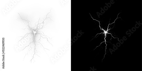 Lightning, electricity, energy, power, thunderstorm intense PNG strike with light and flash. Transparent PNG Overlay on white background, isolated electric effect for dramatic weather visuals.