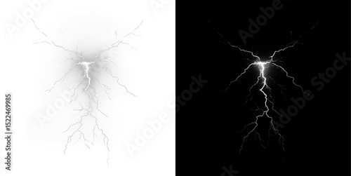 Lightning, white, bolt, bright, transparent — powerful PNG flash with vibrant energy. PNG Overlay on transparent background shows electric storm phenomena and thunder in the night sky.