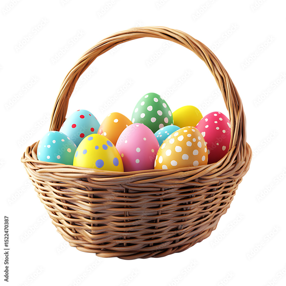 Naklejka premium PNG Vibrant Easter Eggs in Woven Basket Perfect Spring Holiday Decoration against transparent Background