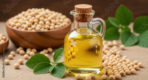 Soybean oil in glass bottle with soybeans and leaves symbolizing healthy cooking and nutrition