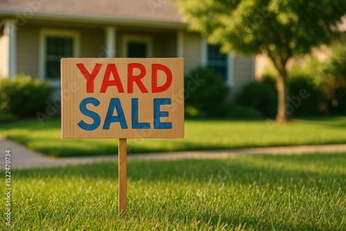 Yard Sale Invitation: A sun-drenched front yard scene announces a community yard sale with a handmade sign planted amidst lush green grass, evoking a sense of community and shared experience.