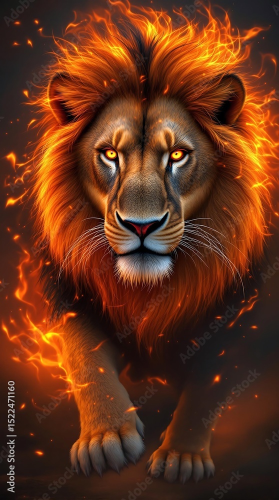 Fototapeta premium A majestic lion with a fiery mane and glowing eyes walking forward in a dark and dramatic scene