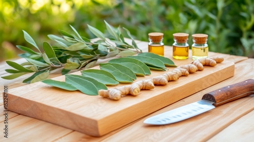 Herbal Remedy Preparation, fresh eucalyptus, ginger, turmeric on wooden board, essential oils, antique knife, organic healing ambiance, greenery backdrop