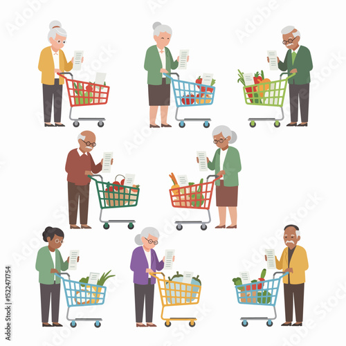 Seniors grocery shopping with list and cart