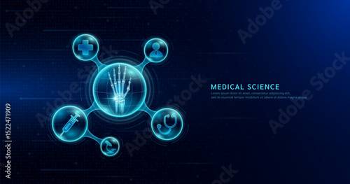 Medical science. Arthritis osteoporosis diagnosis. Human wrist finger bone inside transparent molecule with icons doctor pill syringe stethoscope saline bag and cross. On dark blue background. Vector.
