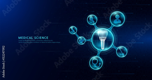 Medical science. Dental implant inside transparent molecule with icons doctor pill syringe stethoscope saline bag and cross. On dark blue digital technology background. Vector EPS10.