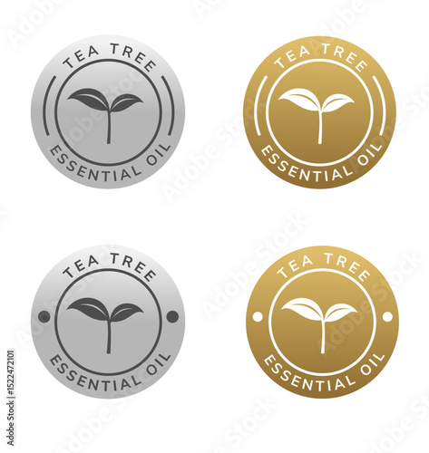 tea tree essential oil circle badge silver and gold color. natural ingredient for cosmetic or beauty product.