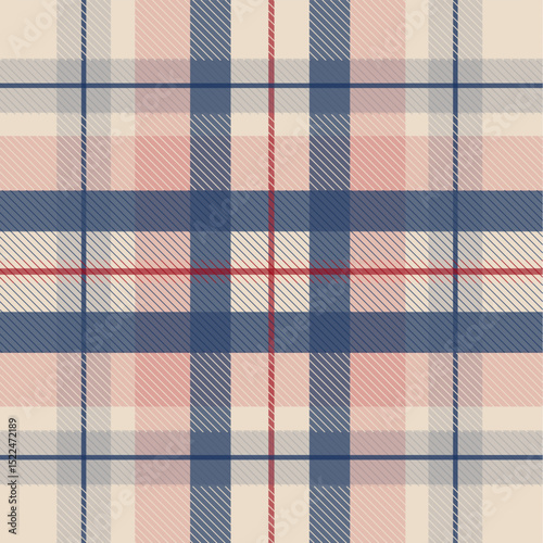 Seamless traditional tartan pattern with vertical and horizontal navy and red stripes on a cream background. Perfect for classic textile designs and packaging.