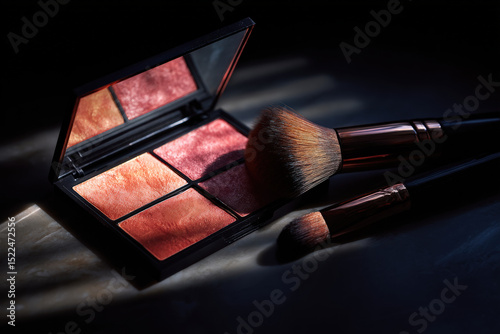Artistic closeup photography of blush palette featuring warm shades, accompanied by makeup brushes, creating dramatic and elegant composition. soft lighting enhances textures and colors