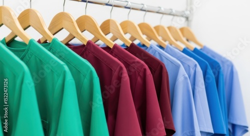 Colorful scrubs hanging on wooden hangers symbolizing healthcare and medical professionals