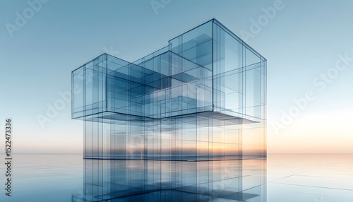 Modern glass architectural structure over tranquil water.