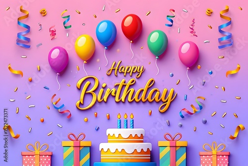 Colorful Happy Birthday Celebration with Balloons Confetti Gifts and Cake