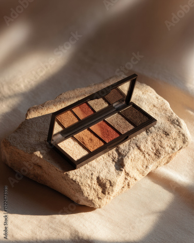 Soft ambient light photo of warm toned eyeshadow palette resting on textured stone surface, showcasing variety of shades perfect for creating stunning makeup looks