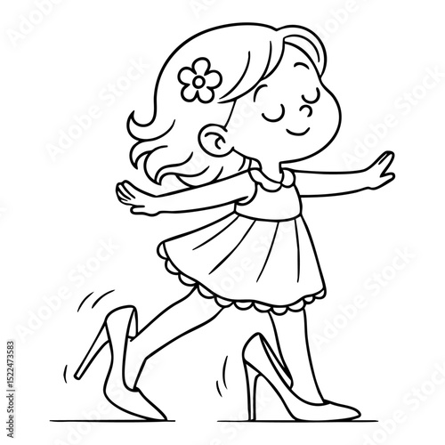A little girl wearing her mother's high heels black and white lines