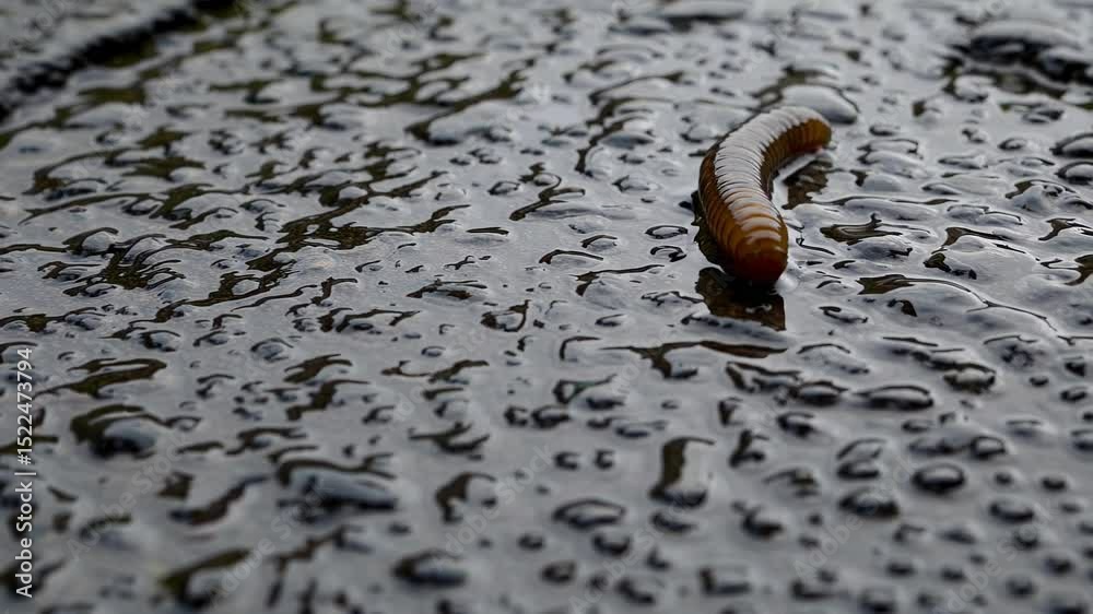 Miniature millipede crawling across damp, glistening asphalt, water droplets surrounding segmented exoskeleton during careful traversing