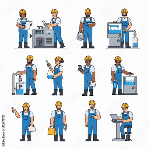 Industry workers with machinery wearing hard hats