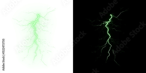 Lightning, charge, electric, thunderbolt, storm realistic PNG bolt with spark, flash, and green energy discharge. PNG Overlay with transparent background for weather, power, and sky visuals.
