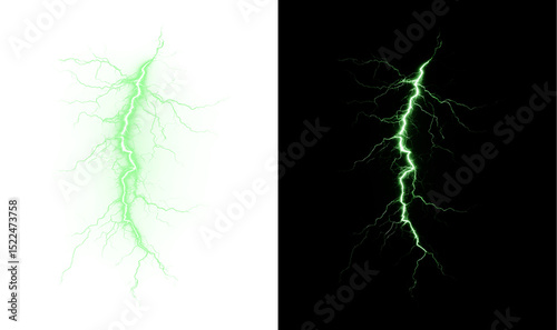 Lightning, charge, electric, thunderbolt, storm realistic PNG bolt with spark, flash, and green energy discharge. PNG Overlay with transparent background for weather, power, and sky visuals.