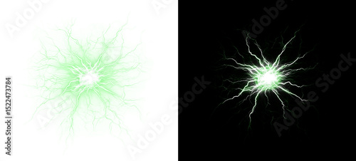 Lightning strike, electric power, green energy, minimalistic, thunderstorm — realistic PNG effect with night arc bolt. Transparent PNG Overlay for photo, shock style, and modern nature electricity vis