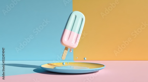 Colorful Frozen Treat Against Pastel Background with Melting Drops and Creative Presentation
