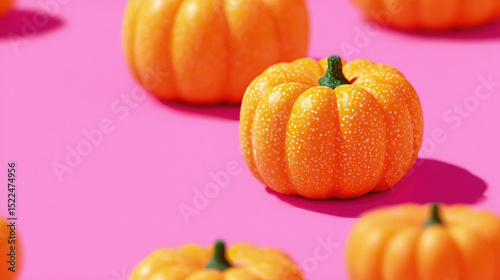Miniature orange pumpkins on vibrant pink background create playful autumn-themed composition, blending seasonal harvest and modern pop art aesthetic with bold contrast.