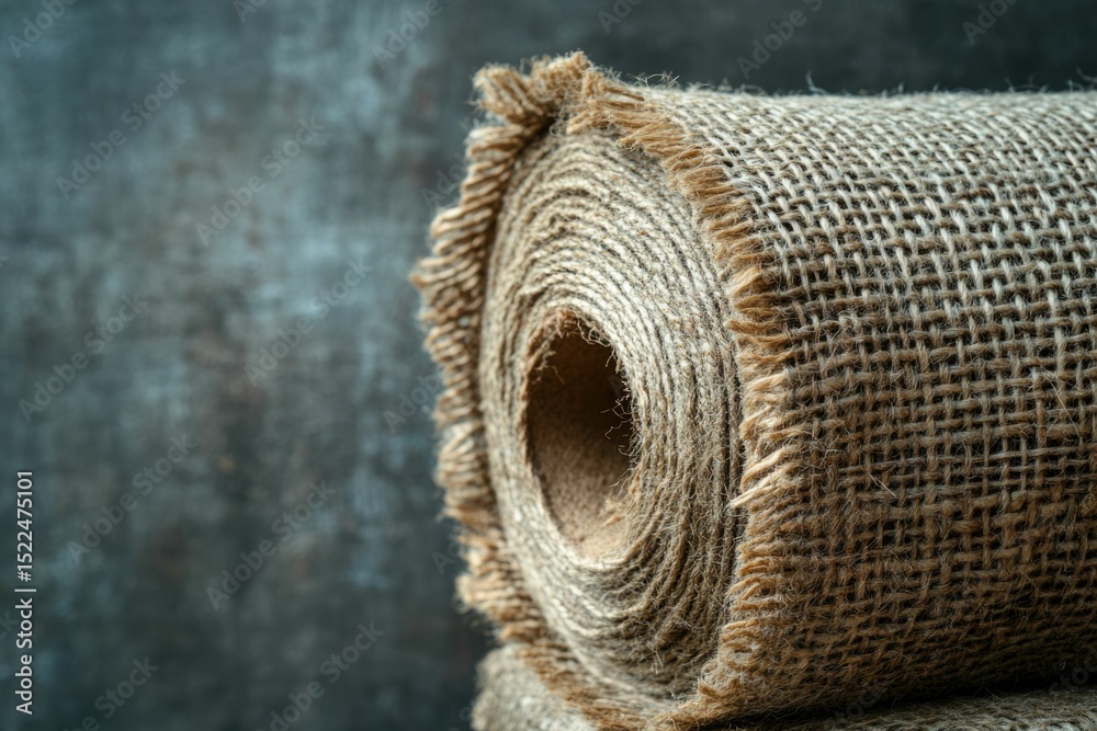 Naklejka premium A rolled-up burlap roll with frayed edges, showcasing its coarse texture and natural fiber.