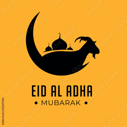 Eid al-Adha Mubarak Goat with Masjid Isolated on Orange Background Vector

