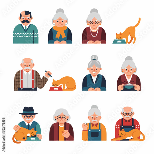 Senior people and cats lifestyle icons