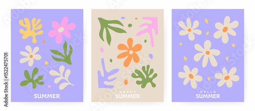 Stylish summer vector set with abstract flowers, leaves, and organic shapes in Matisse-inspired, groovy hippie style. Hand-drawn, textured, ideal for prints, posters, branding, ads, and placards.