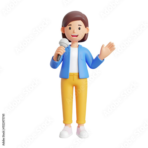 Smiling cartoon beautiful woman reporter holding microphone character and hand gestures 3D Icon 