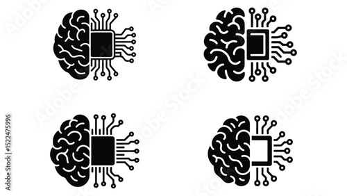 AI Brain Chip Icon Set Vector – Artificial Intelligence, Machine Learning, and Neural Network Symbols. Transparent Background