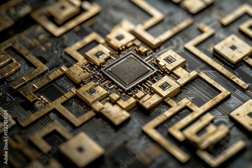 Close-up of a complex gold and black circuit board showcasing intricate microchip design.