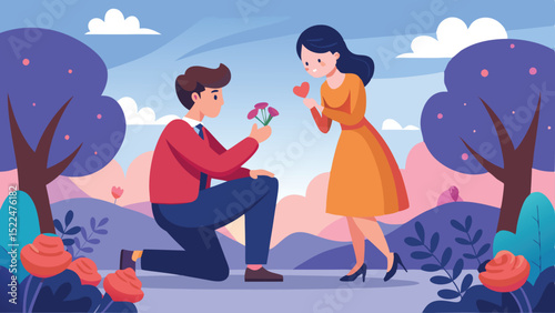 Illustrated Man Proposing with Flowers to Smiling Woman in a Romantic Landscape