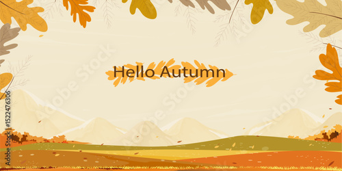 Autumn landscape with warm yellow, orange sunset sky, colorful foliage, fallen leaves,serene forest and farm fields scene.Vector flat design fall season for nature seasonal decor,poster