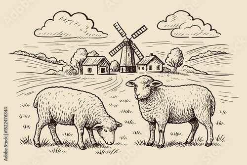 Sheep on farm landscape engraving vintage vector illustration