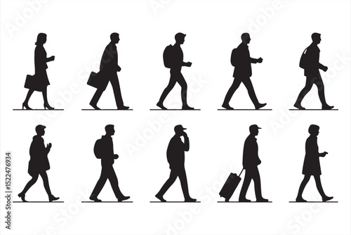 Silhouettes of People Walking in Business and Casual Outfits with Bags and Backpacks