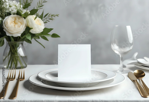 Mockup white blank space card, for Name place, Folded, greeting, invitation on wedding table setting background. with clipping path. photo