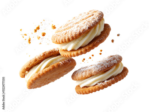flying cookies vanilla cream filled biscuits on clipping path transprent