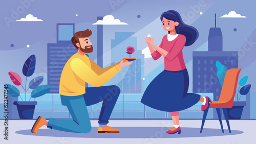 Man Proposing with a Rose to Woman in a City Vector Illustration