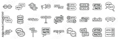 Myths facts icons set. Set of linear icons representing myths versus facts, debunking hoaxes, and verifying information