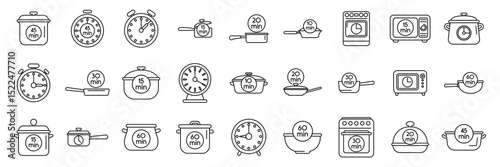 Cook time icons set. Cooking time icons represent different durations for preparing various foods, using kitchenware like pots, pans, ovens, and microwaves, along with timers and clocks
