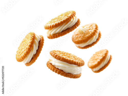 flying cookies vanilla cream filled biscuits on clipping path transprent