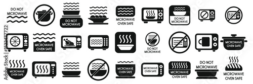 Microwave safe icons set. Black and white microwave oven safe and not safe signs showing different types of food and utensils being heated or not